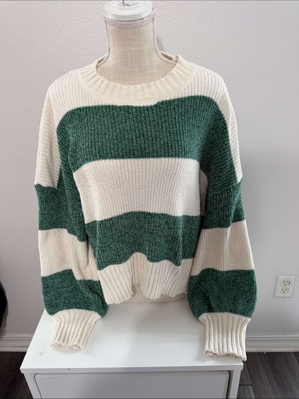 Altar'd State Cream and Green Striped Crewneck Sweater